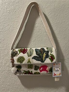 Hand-Beaded Floral Clutch in White, Green & Pink